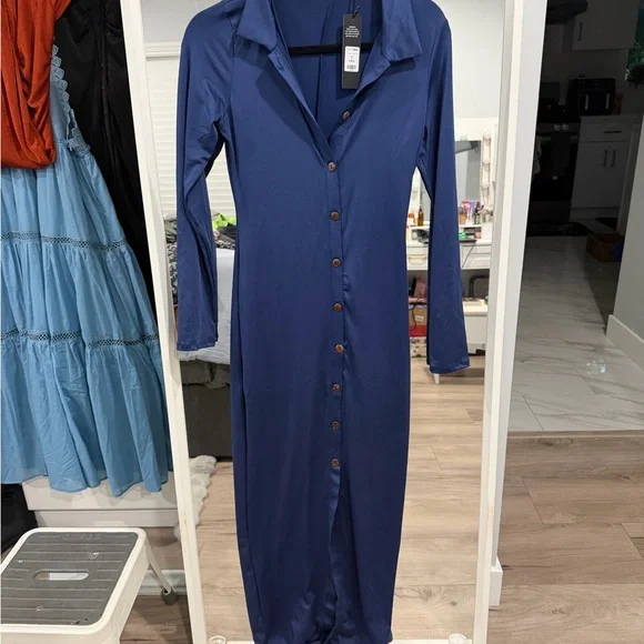 Fashion Nova Navy Button-Front Long Sleeve Maxi Dress - Picture 2 of 4